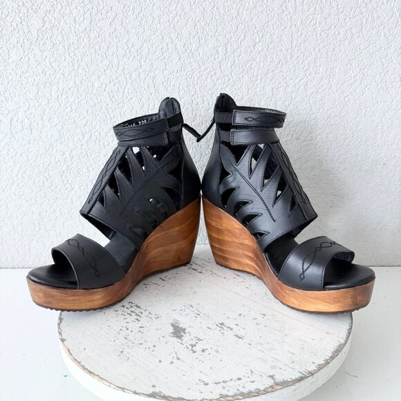 Lane Boots BECCA Womens Black Wedges 8.5 Western Sandals Cowgirl Wooden Heels - Picture 7 of 10